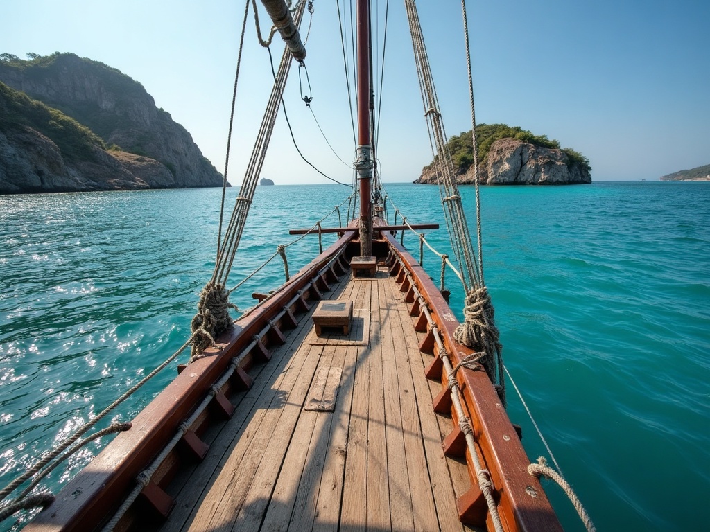 Traditional wooden phinisi liveaboard anchored near a dry Komodo-area island