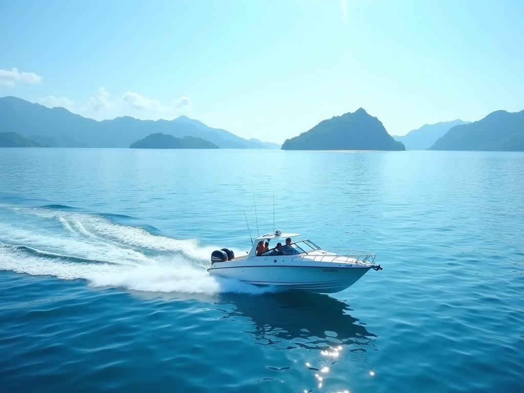 White fast boat crossing open water between islands near Labuan Bajo
