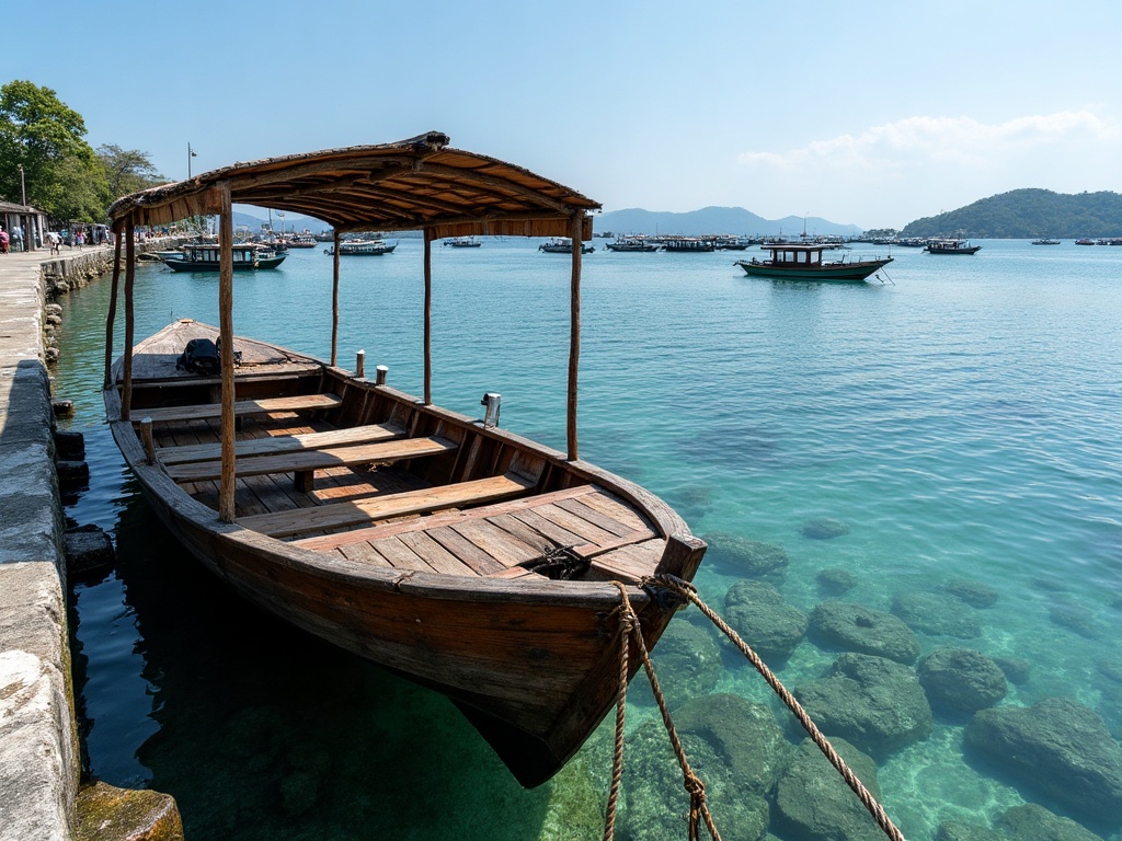 Small open wooden day boat with a sun canopy moored at a Labuan Bajo pier in the morning