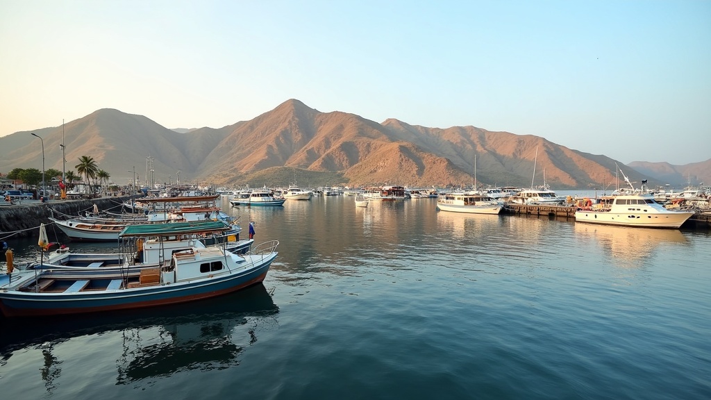 Mixed fleet of day boats, fast boats and wooden phinisi moored together in Labuan Bajo harbor at dawn